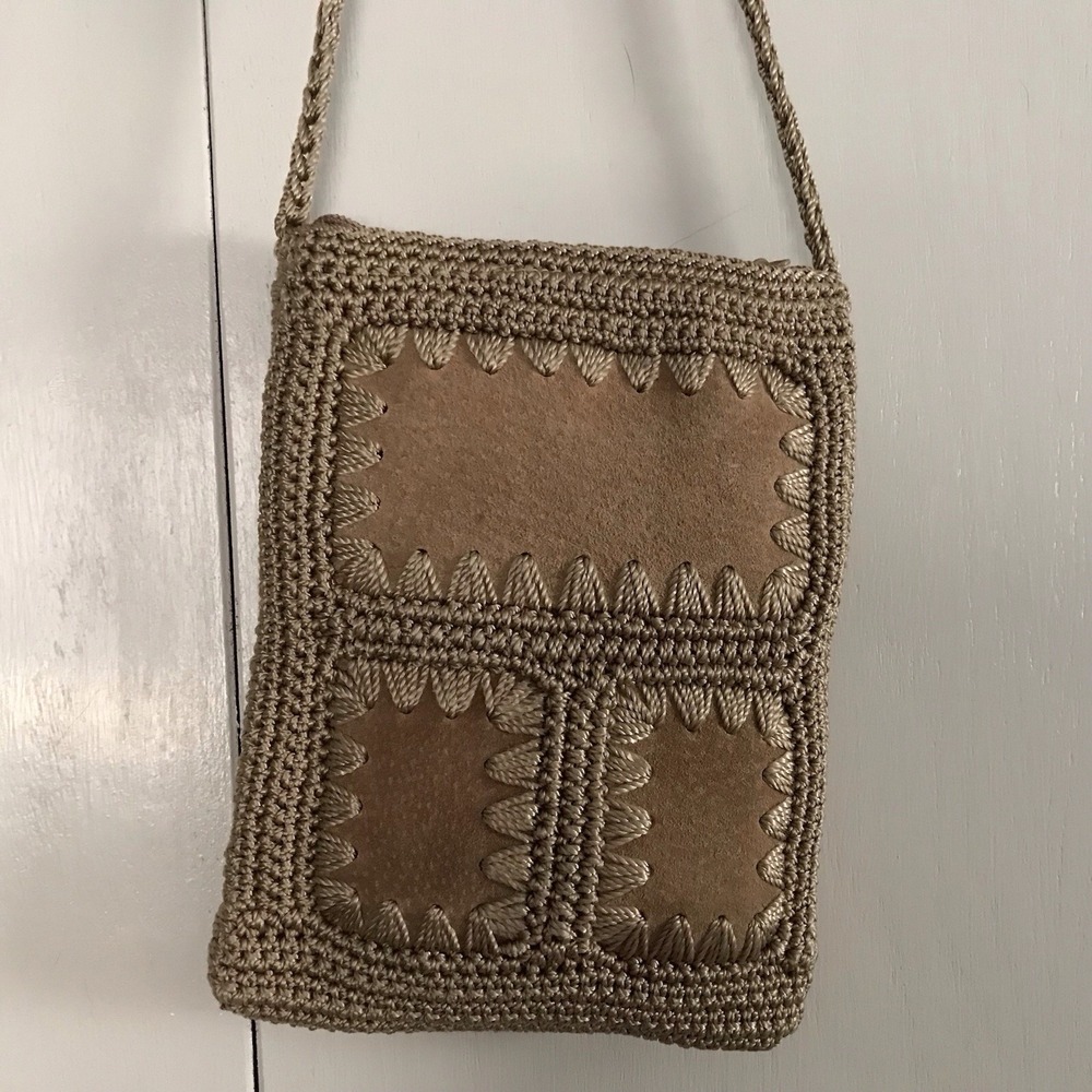 Mini Crochet Suede Like Bag Purse 1 Zippered Compartment 8" X 6" Beige‎